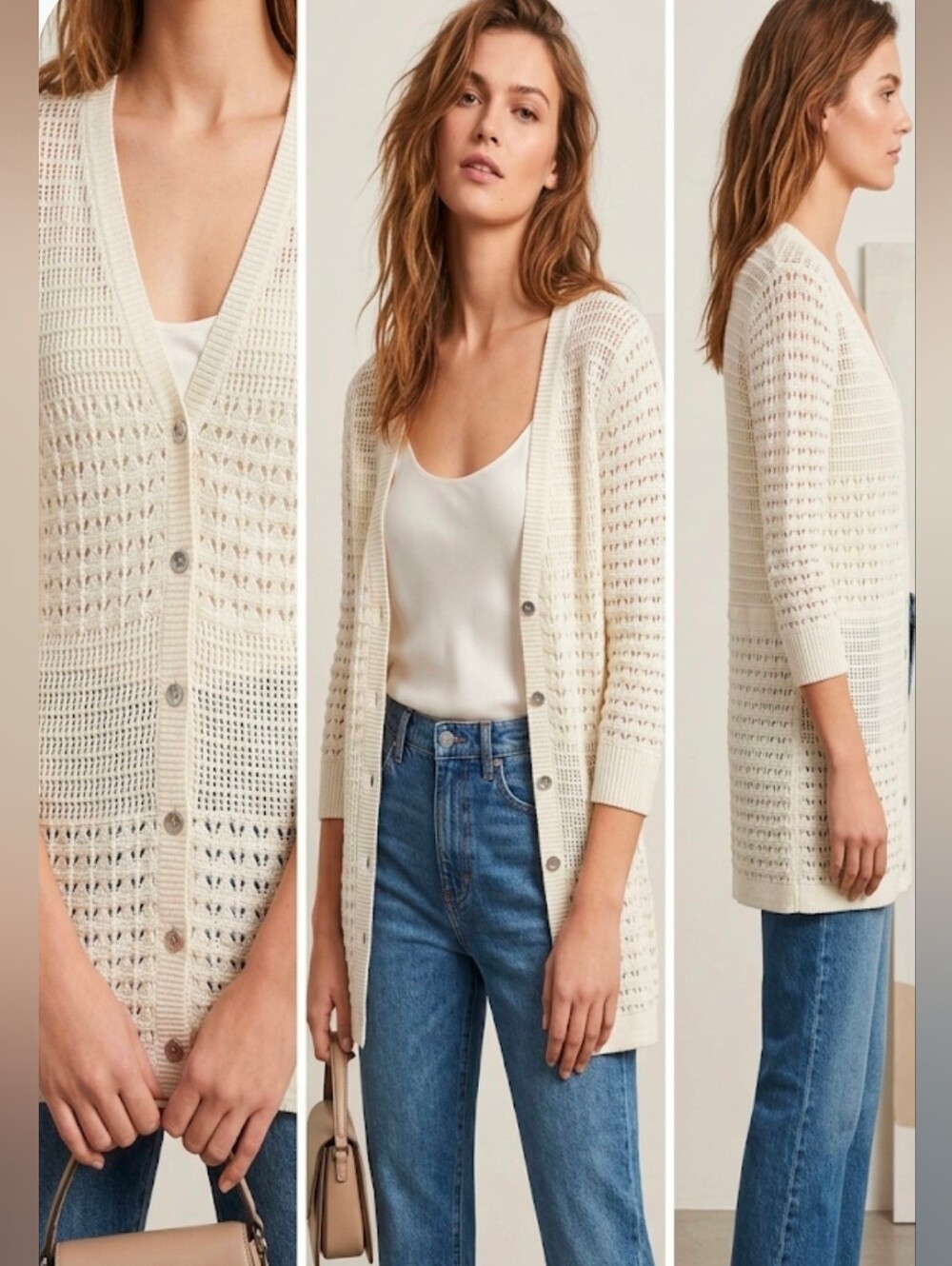 DKNY JEANS Cardigan Women's Small Ivory 3/4 Sleeve Button Up Open Front sweater